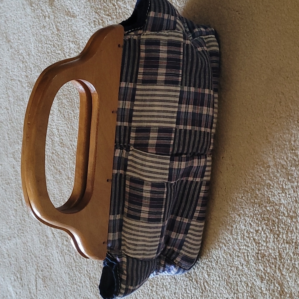 Straw Studios Blue Plaid Purse with Wooden Handles